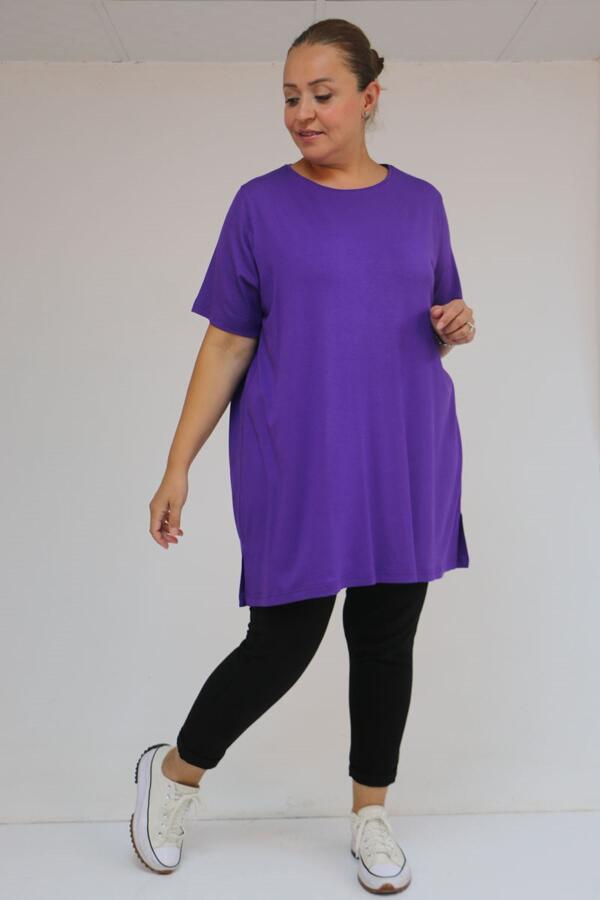 58507 Büyük Beden Yakası Biyeli Penye Tişört - Lila - 1