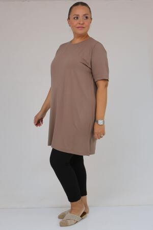 58507 Büyük Beden Yakası Biyeli Penye Tişört - Vizon - 