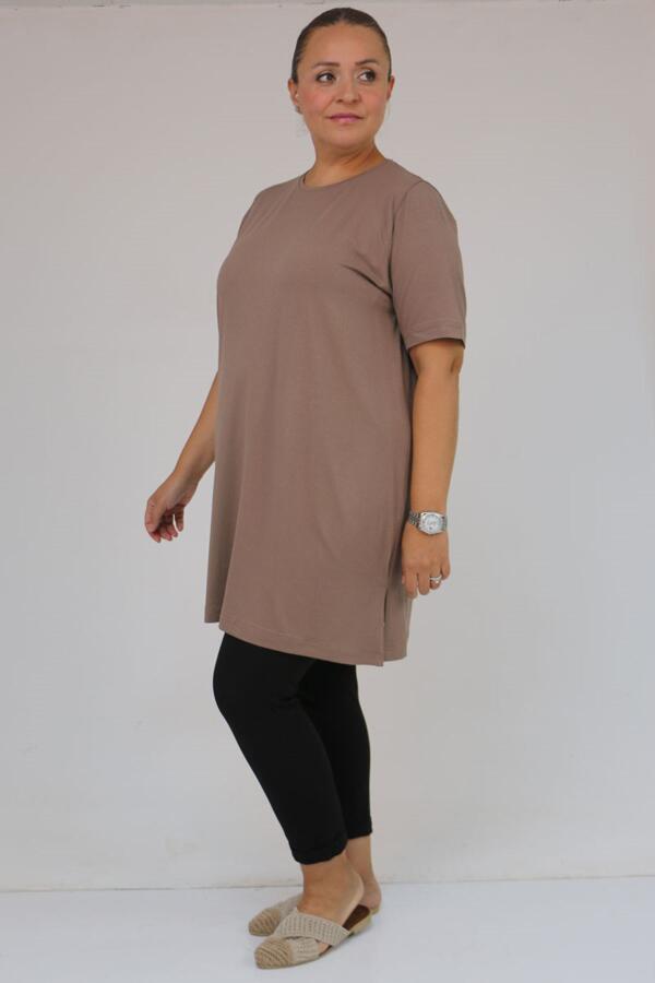 58507 Büyük Beden Yakası Biyeli Penye Tişört - Vizon - 1