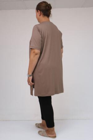 58507 Büyük Beden Yakası Biyeli Penye Tişört - Vizon - (1)