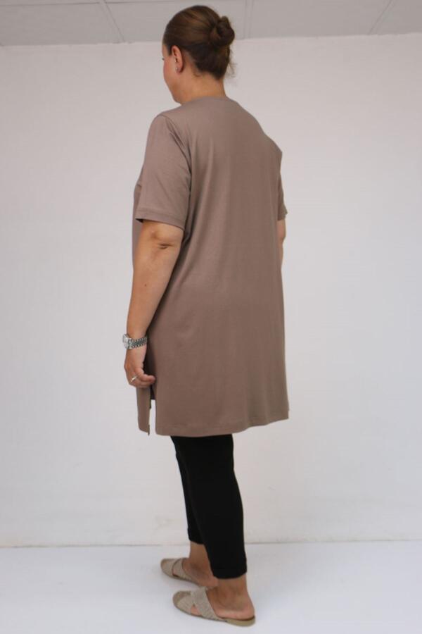 58507 Büyük Beden Yakası Biyeli Penye Tişört - Vizon - 2