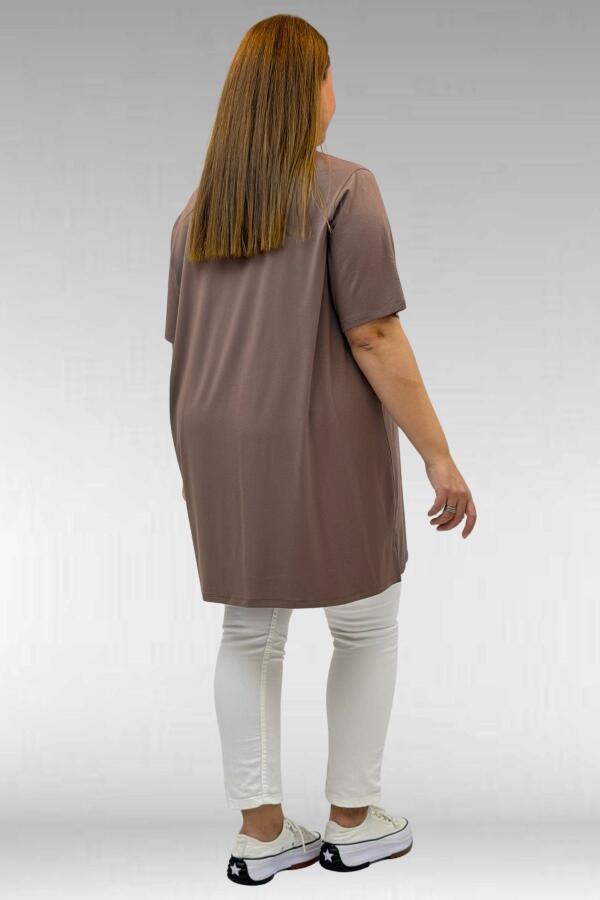 58507 Büyük Beden Yakası Biyeli Penye Tişört - Vizon - 4