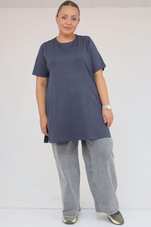 58508 Büyük Beden Yakası Biyeli Modal Tişört - Antrasit - 