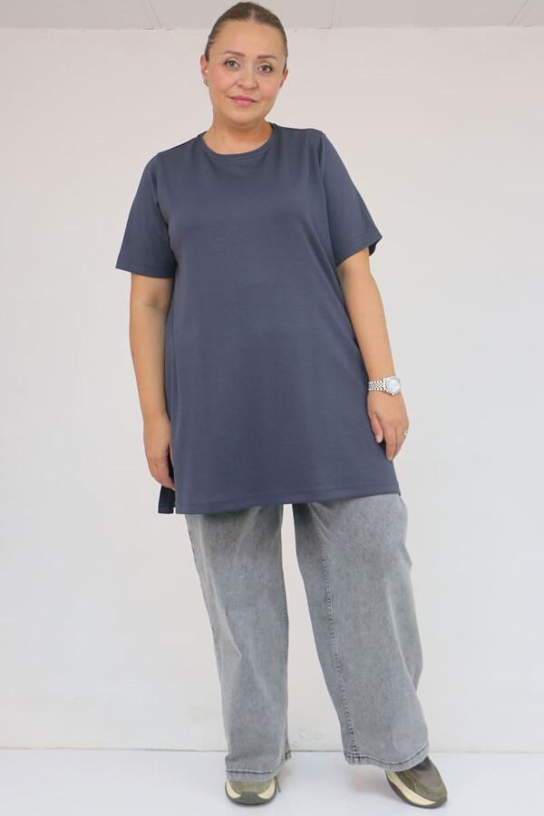 58508 Büyük Beden Yakası Biyeli Modal Tişört - Antrasit - 1