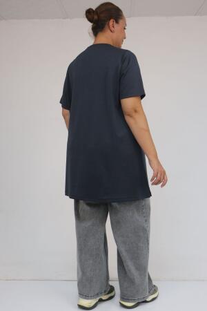 58508 Büyük Beden Yakası Biyeli Modal Tişört - Antrasit - 3