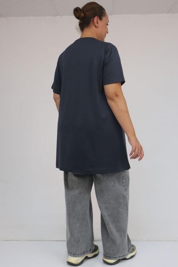 58508 Büyük Beden Yakası Biyeli Modal Tişört - Antrasit - 3