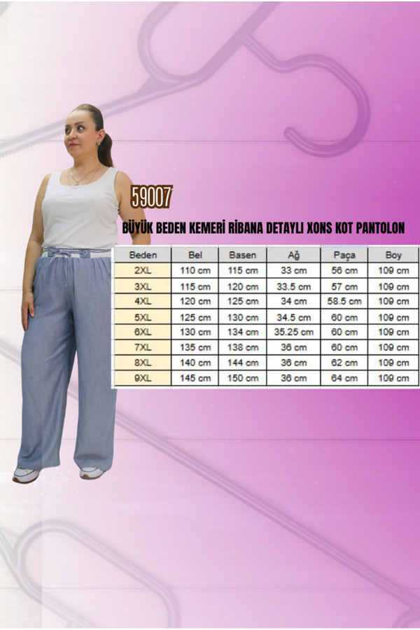 59007 Büyük Beden Kemeri Ribana Detaylı Xons Kot Pantolon - Lacivert - 1