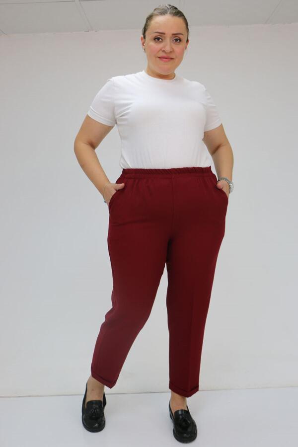 59008 Büyük Beden Beli Lastikli Duble Paça Pantolon - Bordo - 1