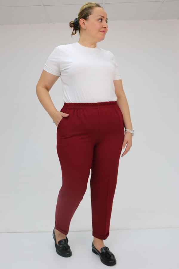 59008 Büyük Beden Beli Lastikli Duble Paça Pantolon - Bordo - 2