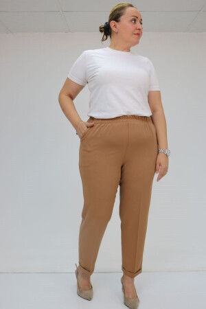 59009 Büyük Beden Beli Lastikli Duble Paça Pantolon - Taba - 1