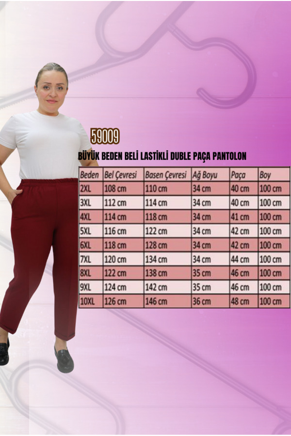 59009 Büyük Beden Beli Lastikli Duble Paça Pantolon - Taba - 2