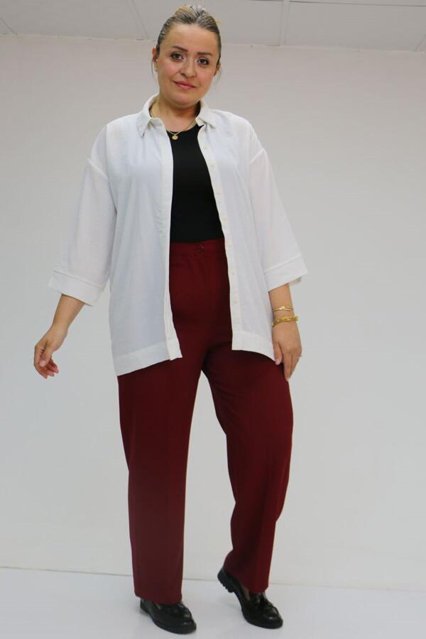 59010 Büyük Beden Beli Düğmeli Double Pantolon - Bordo - 1