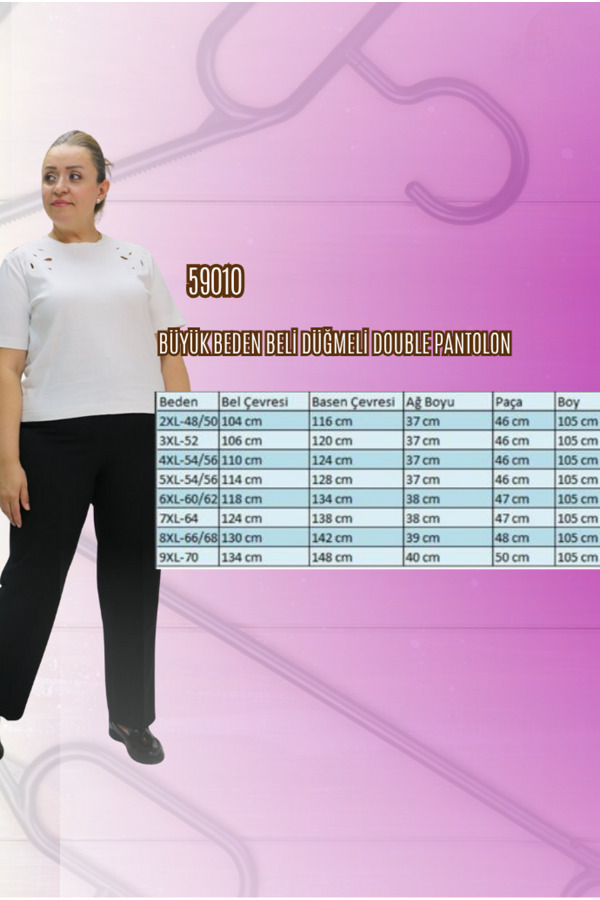 59010 Büyük Beden Beli Düğmeli Double Pantolon - Lacivert - 2