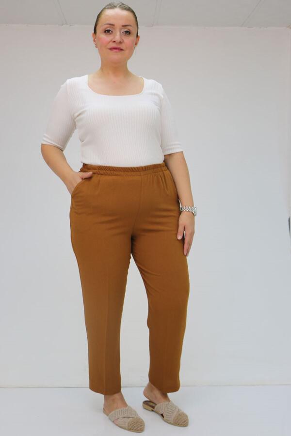 59015 Büyük Beden Borupaça Krep Pantolon - Hardal - 1