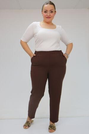 59015 Büyük Beden Borupaça Krep Pantolon - Kahve - 1