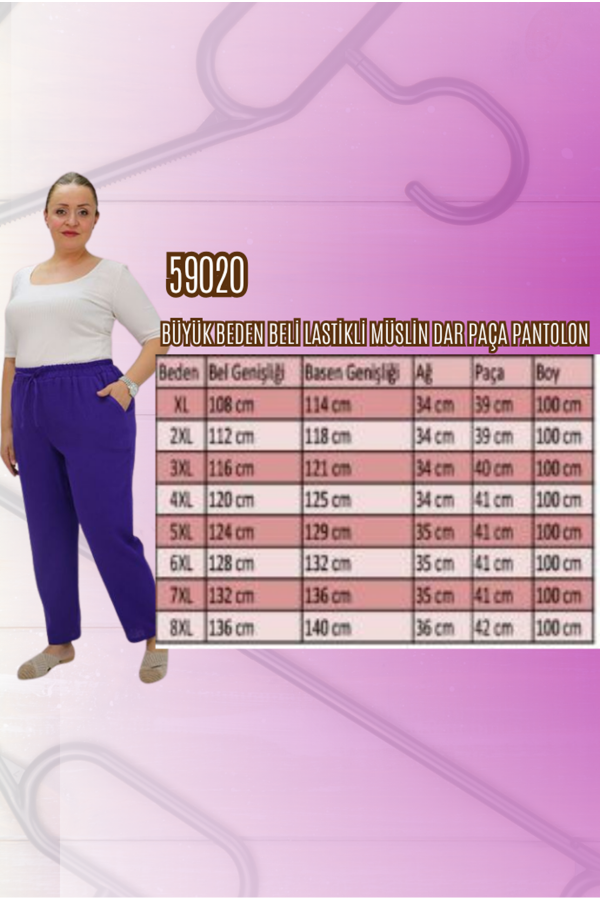 59020 Büyük Beden Beli Lastikli Müslin Dar Paça Pantolon - Siyah - 2