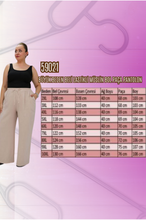 59021 Büyük Beden Beli Lastikli Müslin Bol Paça Pantolon - Vizon - 2