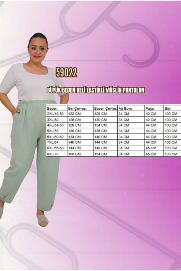 59022 Büyük Beden Paçası Yarım Lastikli Müslin Pantolon - Lacivert - 2