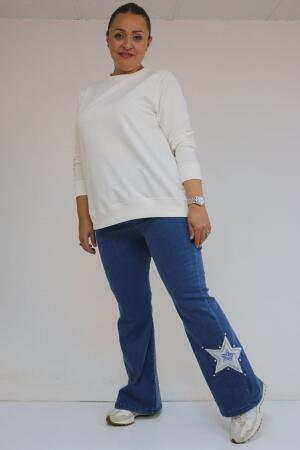 59033 Büyük Beden İspanyol Paça Aksesuar Detaylı Kot Pantolon - Mavi - 1