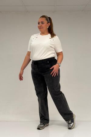 59036 Büyük Beden Beli Lastikli Cep Görünümlü Kot Pantolon - Siyah - 2