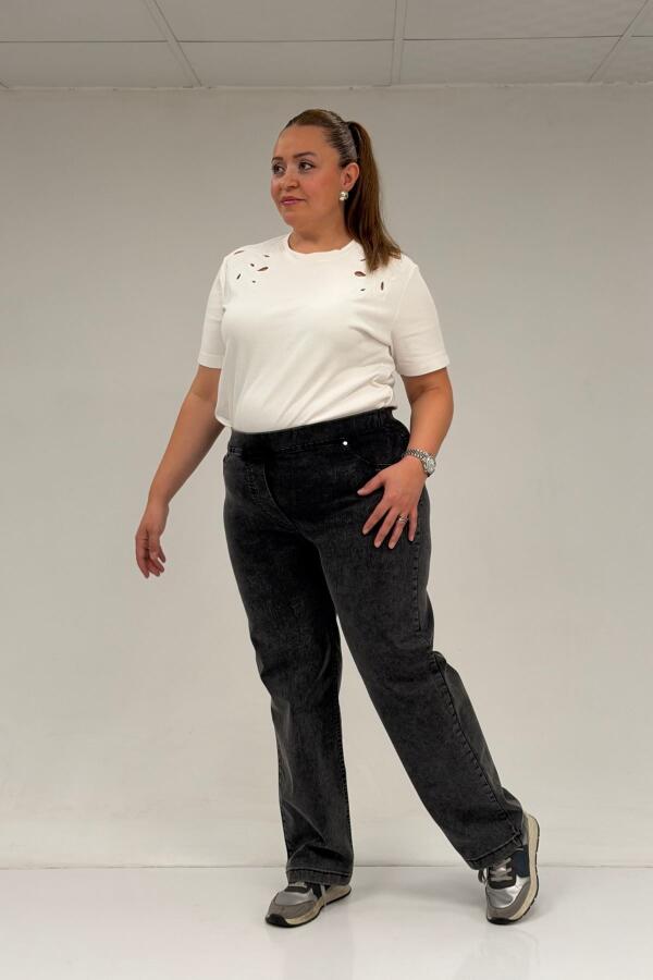 59036 Büyük Beden Beli Lastikli Cep Görünümlü Kot Pantolon - Siyah - 2