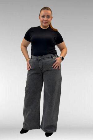 59037 Büyük Beden Önü Taşlı Bol Paça Kot Pantolon - Antrasit - 1