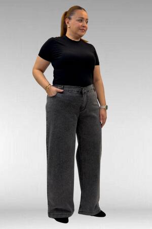 59037 Büyük Beden Önü Taşlı Bol Paça Kot Pantolon - Antrasit - 2
