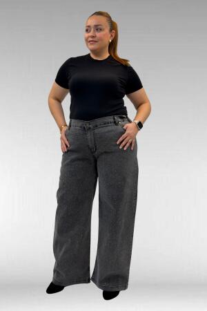 59037 Büyük Beden Önü Taşlı Bol Paça Kot Pantolon - Antrasit - 3