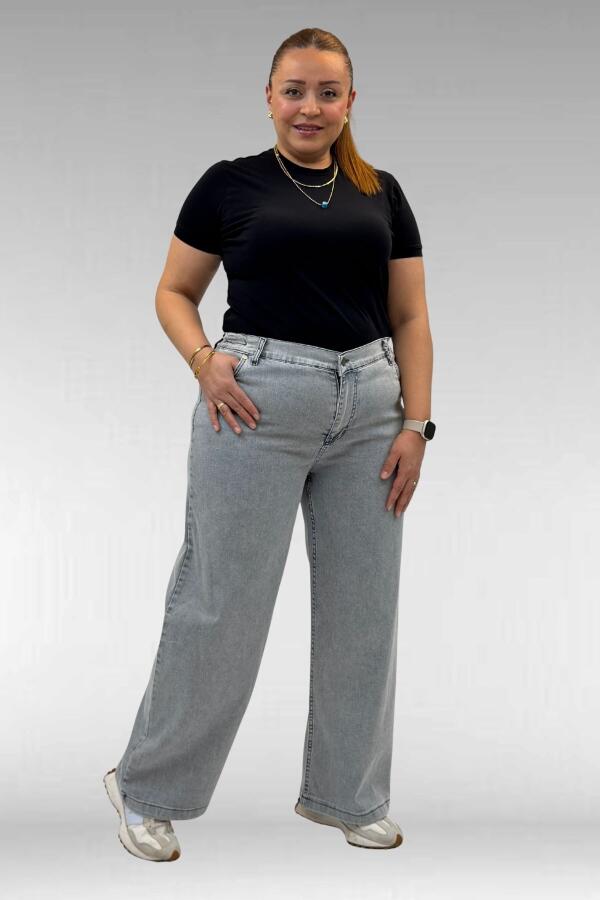 59037 Büyük Beden Önü Taşlı Bol Paça Kot Pantolon - Gri - 2
