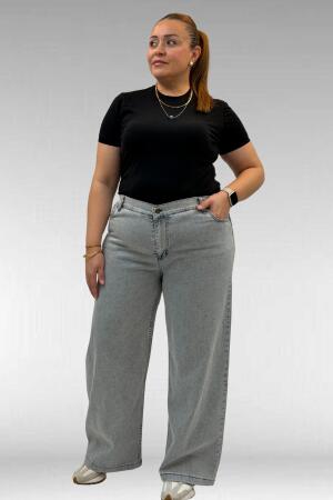 59037 Büyük Beden Önü Taşlı Bol Paça Kot Pantolon - Gri - 3