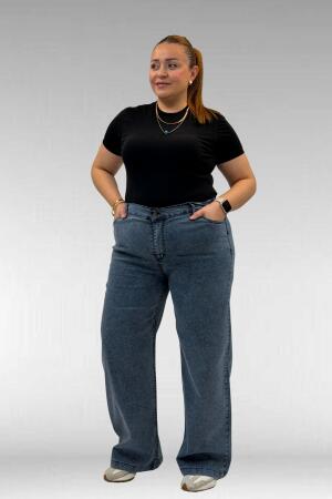 59037 Büyük Beden Önü Taşlı Bol Paça Kot Pantolon - Lacivert - 2