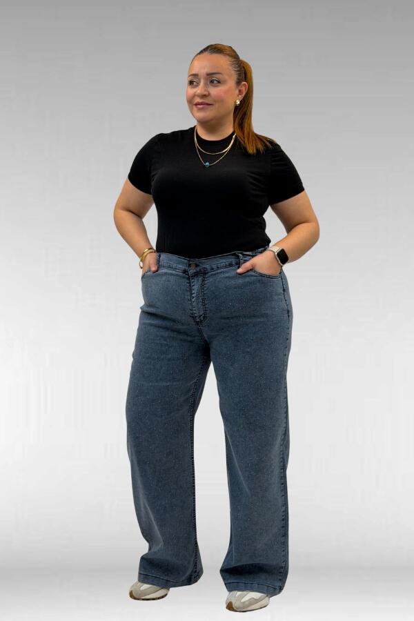 59037 Büyük Beden Önü Taşlı Bol Paça Kot Pantolon - Lacivert - 2