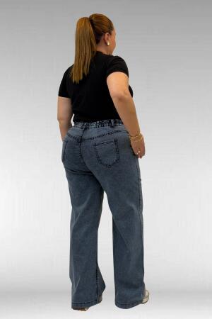 59037 Büyük Beden Önü Taşlı Bol Paça Kot Pantolon - Lacivert - 3