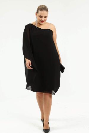 60 Bedene Kadar Askılı Tek Omuz Şifon Abiye Elbise Siyah KL6060Z - 5