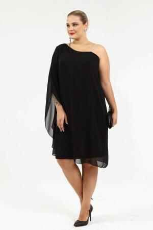 60 Bedene Kadar Askılı Tek Omuz Şifon Abiye Elbise Siyah KL6060Z - 6