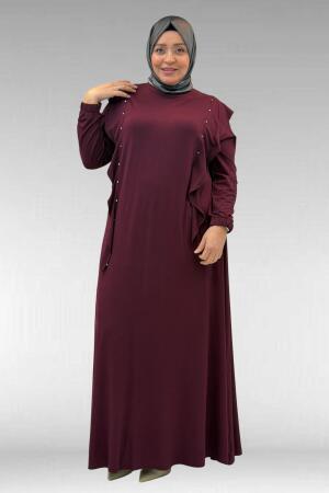 62003 Büyük Beden Omuzdan Aşağı Fırfır Detaylı Penye Elbise - Bordo - 