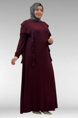62003 Büyük Beden Omuzdan Aşağı Fırfır Detaylı Penye Elbise - Bordo - 3