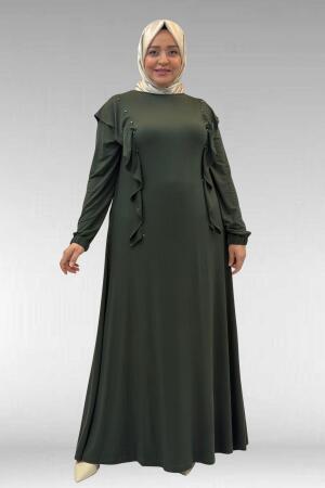 62003 Büyük Beden Omuzdan Aşağı Fırfır Detaylı Penye Elbise - Haki - 