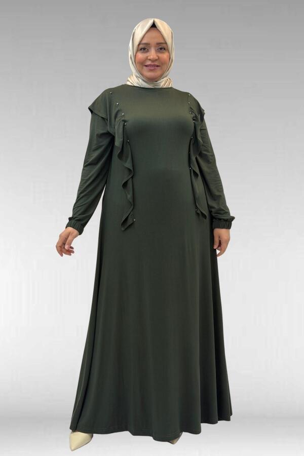 62003 Büyük Beden Omuzdan Aşağı Fırfır Detaylı Penye Elbise - Haki - 1