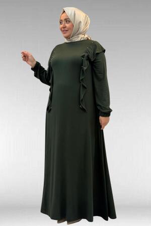 62003 Büyük Beden Omuzdan Aşağı Fırfır Detaylı Penye Elbise - Haki - 3