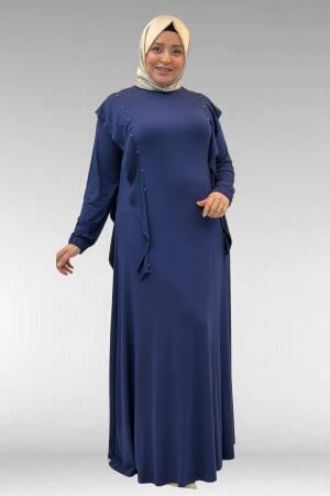 62003 Büyük Beden Omuzdan Aşağı Fırfır Detaylı Penye Elbise - İndigo - 