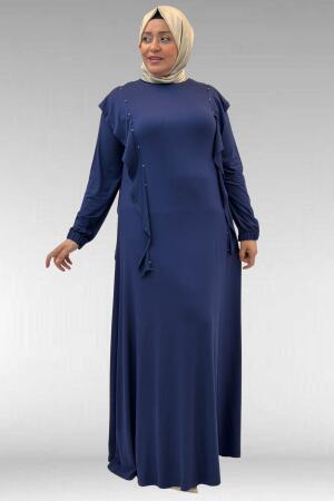 62003 Büyük Beden Omuzdan Aşağı Fırfır Detaylı Penye Elbise - İndigo - 3
