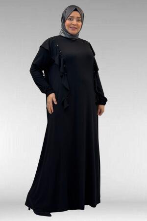 62003 Büyük Beden Omuzdan Aşağı Fırfır Detaylı Penye Elbise - Siyah - 