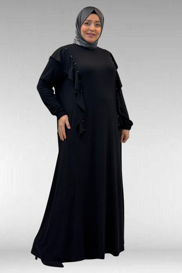 62003 Büyük Beden Omuzdan Aşağı Fırfır Detaylı Penye Elbise - Siyah - 1