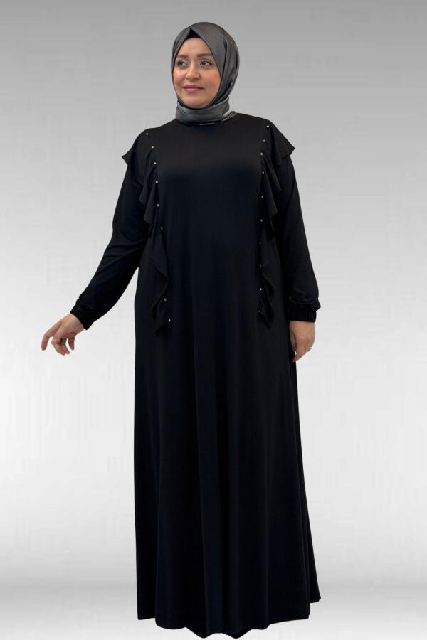 62003 Büyük Beden Omuzdan Aşağı Fırfır Detaylı Penye Elbise - Siyah - 3