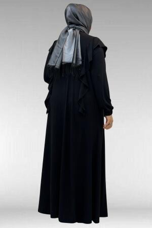 62003 Büyük Beden Omuzdan Aşağı Fırfır Detaylı Penye Elbise - Siyah - 4