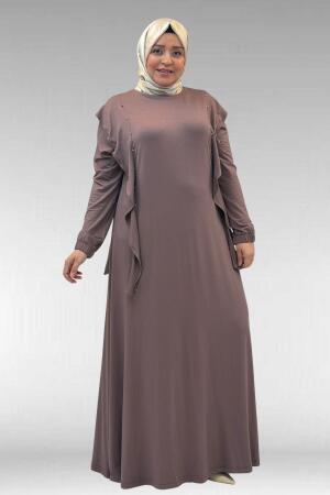 62003 Büyük Beden Omuzdan Aşağı Fırfır Detaylı Penye Elbise - Vizon - 