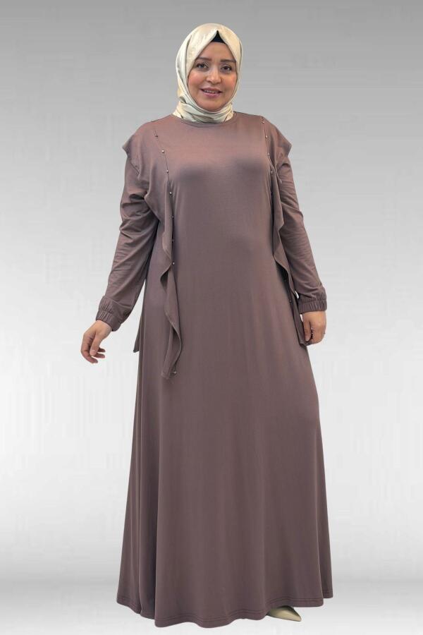 62003 Büyük Beden Omuzdan Aşağı Fırfır Detaylı Penye Elbise - Vizon - 1