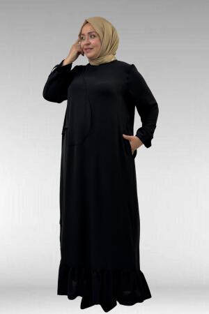 62010 Büyük Beden Ön Patlı Pat Üzeri Perçinli Airobin Elbise - Siyah - 2