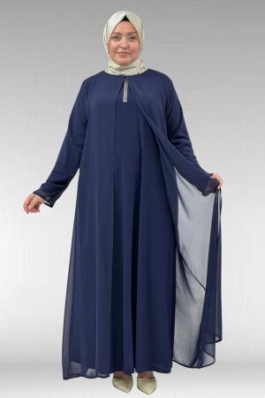 62016 Büyük Beden Yapıştırma Taş Detaylı Sandy-Şifon Elbise - Lacivert - 